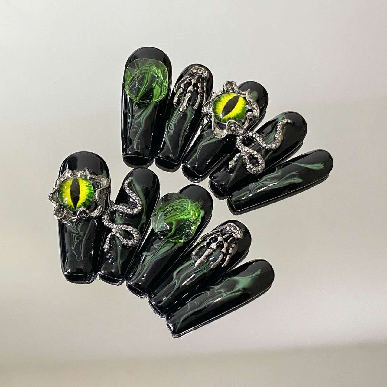 Demon's Eye Gothic Press-On Nails | Dark Elegant 3D Green Eyeball Design | Handmade Metal T-Shaped Nail