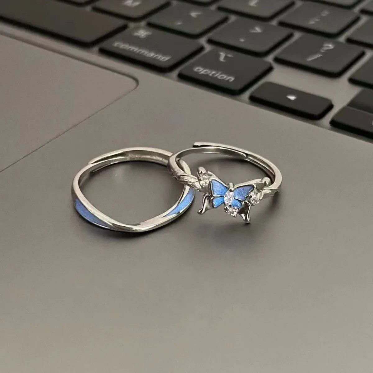Butterfly Couple Rings Set | Minimalist Matching Promise Rings | Adjustable Unisex Design for Him & Her
