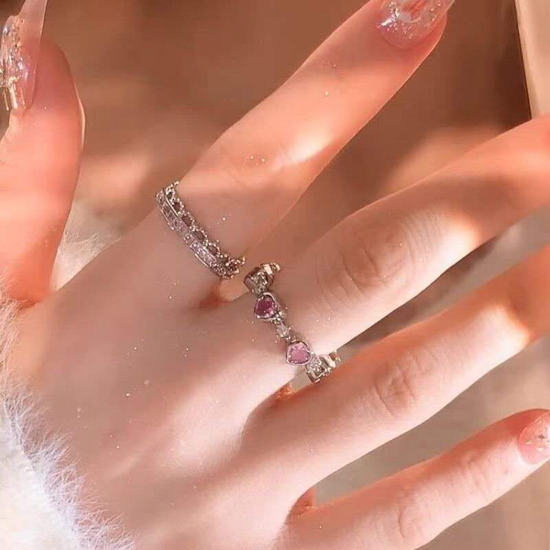 Verstellbarer offener Ring mit rosa Liebesherz | Zierlicher Zeigefingerring für Damen | Trendiger passender BFF-Schmuck
