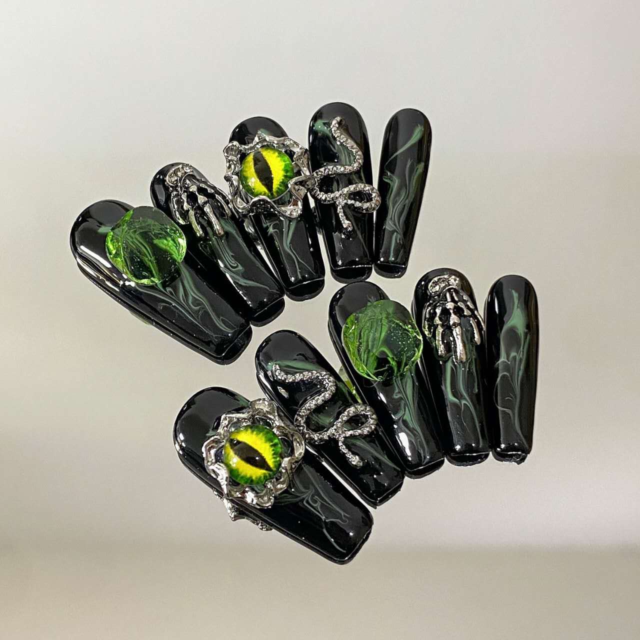 Demon's Eye Gothic Press-On Nails | Dark Elegant 3D Green Eyeball Design | Handmade Metal T-Shaped Nail