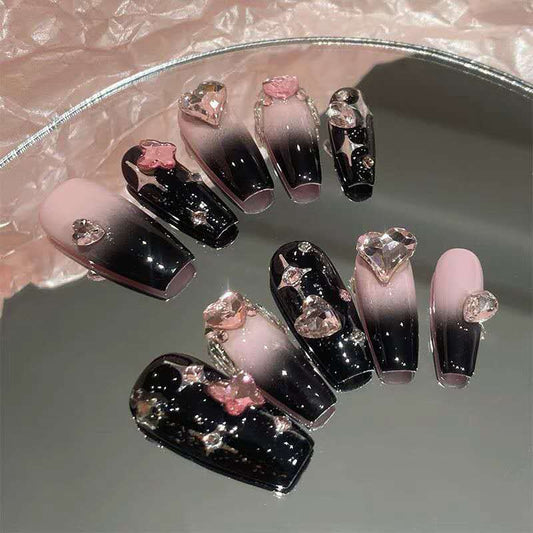 Lila Prinzessin | Y2K Baddie Press-On Nails | Schwarz-Pinke Diamant-Nagelkunst | Handgefertigt für Profis