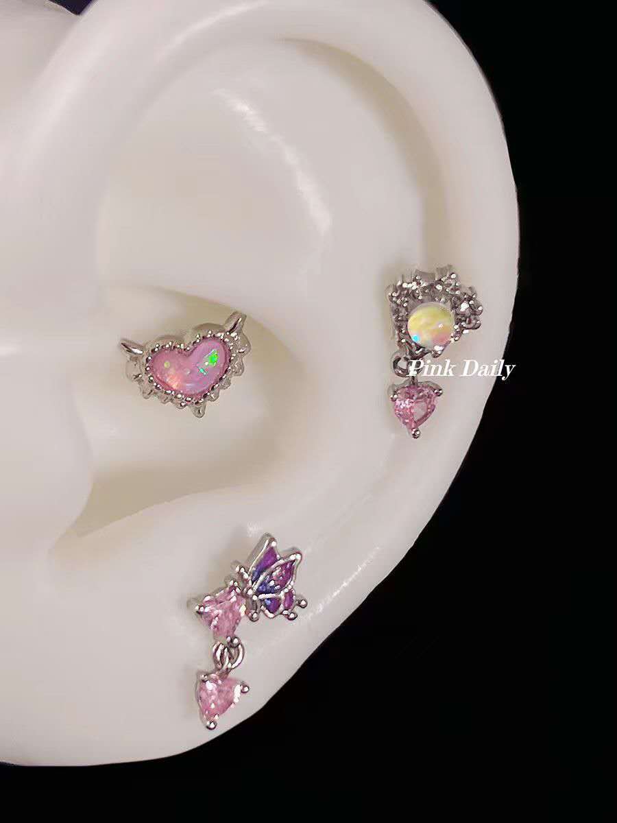 Ohrklemme mit rosa Zirkonia in Farbverlauf | Herz- und Schmetterlingsknorpelohrringe | Aufschraubbarer Titan-Helix-Schmuck