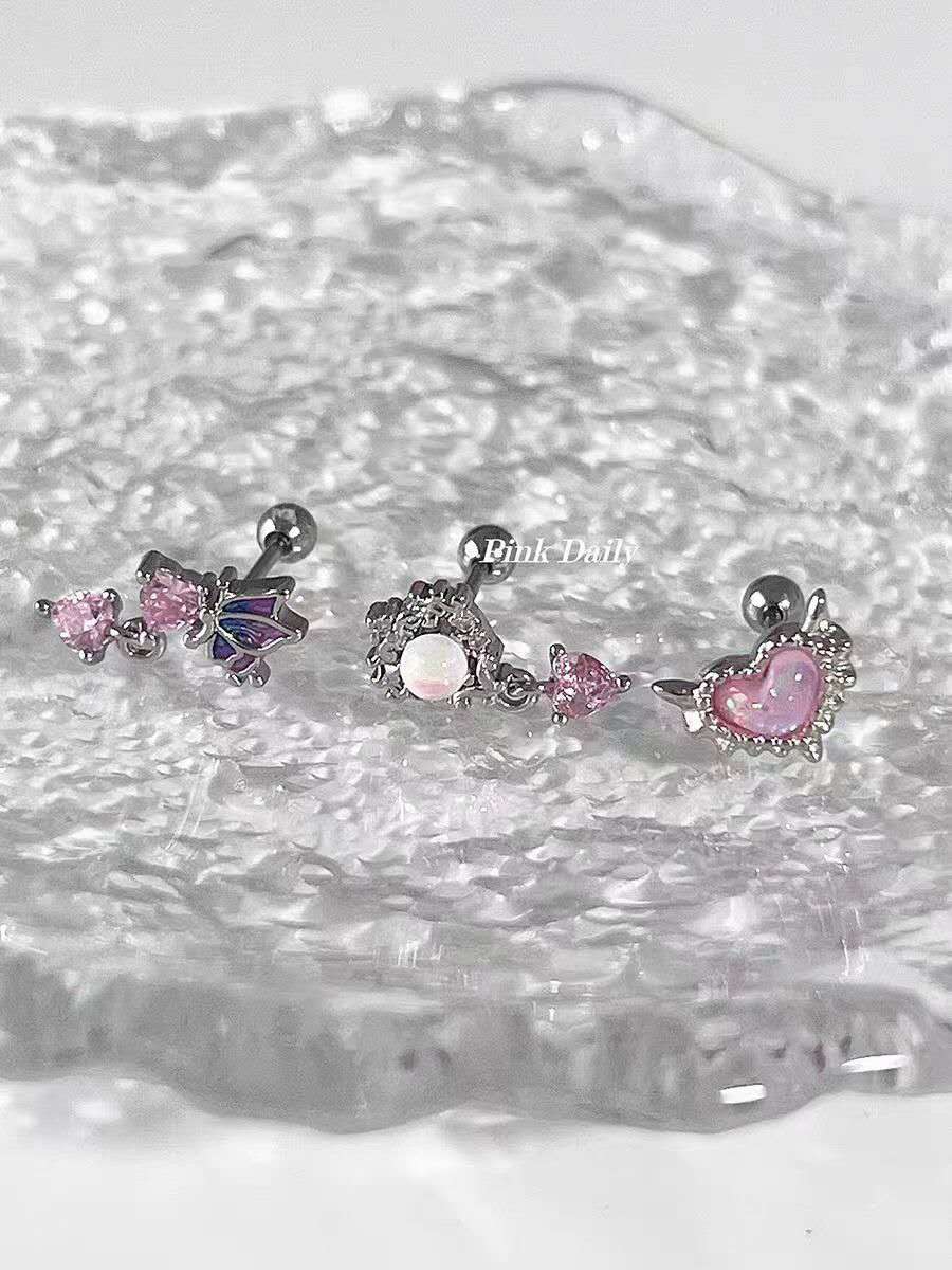 Ohrklemme mit rosa Zirkonia in Farbverlauf | Herz- und Schmetterlingsknorpelohrringe | Aufschraubbarer Titan-Helix-Schmuck