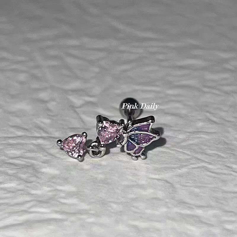 Ohrklemme mit rosa Zirkonia in Farbverlauf | Herz- und Schmetterlingsknorpelohrringe | Aufschraubbarer Titan-Helix-Schmuck