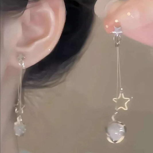 Cat's Eye Planet Earrings | Icy Blue Star-shaped Sterling Silver Earrings | Elegant Clip-ons for Non-Pierced Ears