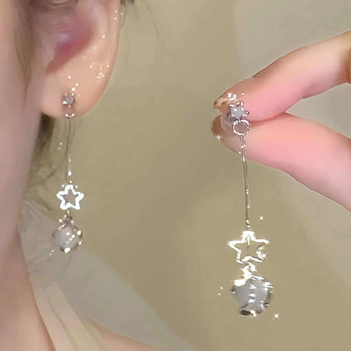 Katzenaugen-Planeten-Ohrringe | Eisblaue, sternförmige Sterling-Silber-Ohrringe | Elegante Clip-ons für nicht durchstochene Ohren