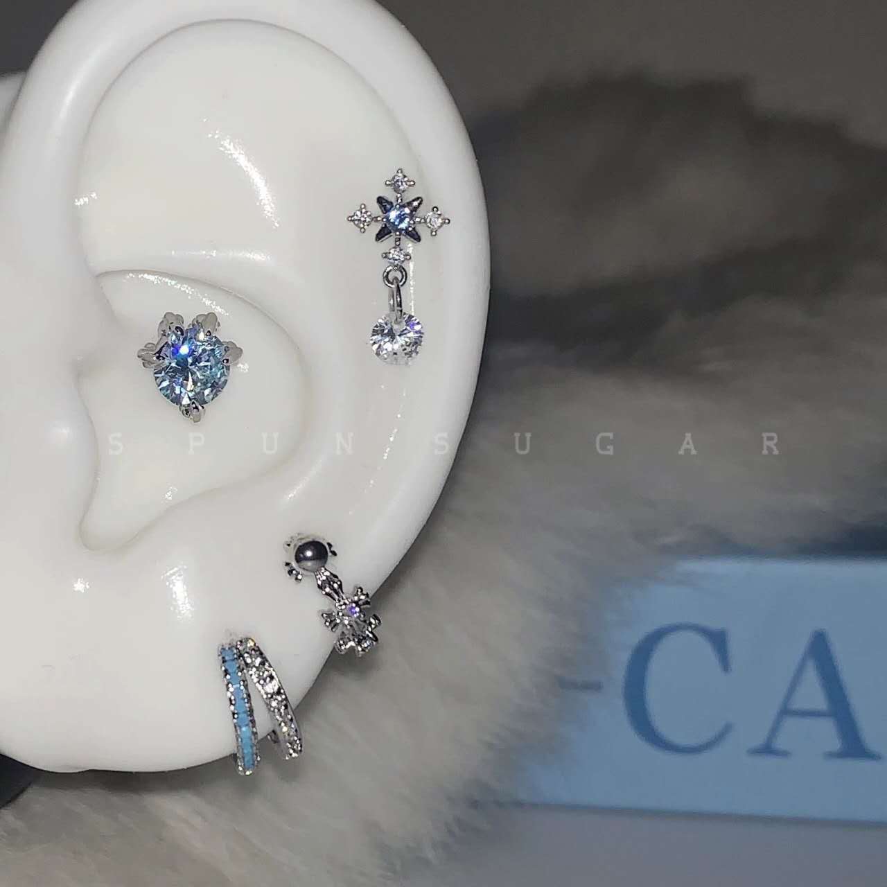Blue Cross Snowflake Ear Cuffs | Titanium Double-Layer Helix Hoops