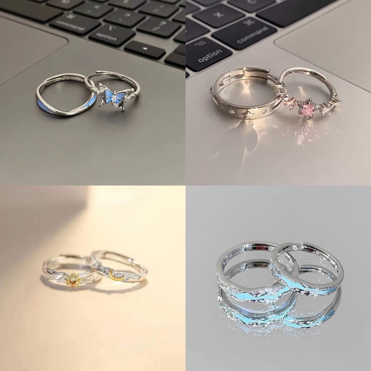 Butterfly Couple Rings Set | Minimalist Matching Promise Rings | Adjustable Unisex Design for Him & Her