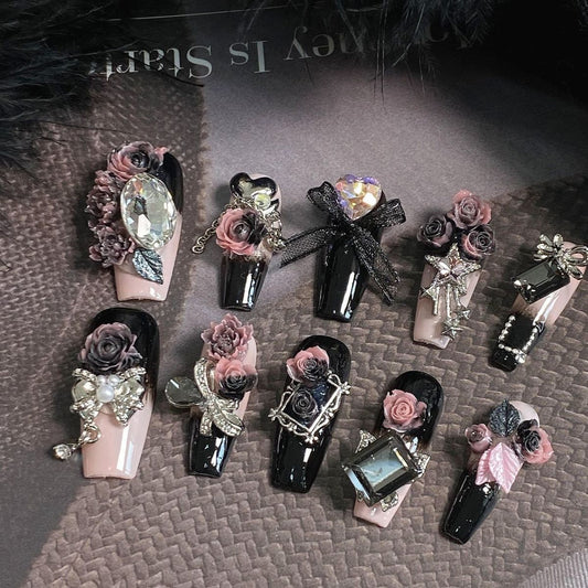 Luxury Heavy-Duty Press-On Nails | Black-Pink Rose & Bow Design | Handmade Detachable Nail Art