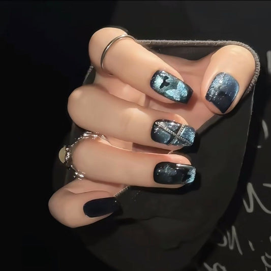 Blue Nails - Black Butterfly Sweet & Cool Vibes | Summer Gradient Aesthetic | Spring White-Nails Handmade Press-On Nails