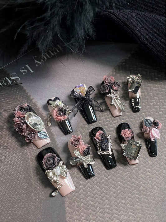 Luxury Heavy-Duty Press-On Nails | Black-Pink Rose & Bow Design | Handmade Detachable Nail Art