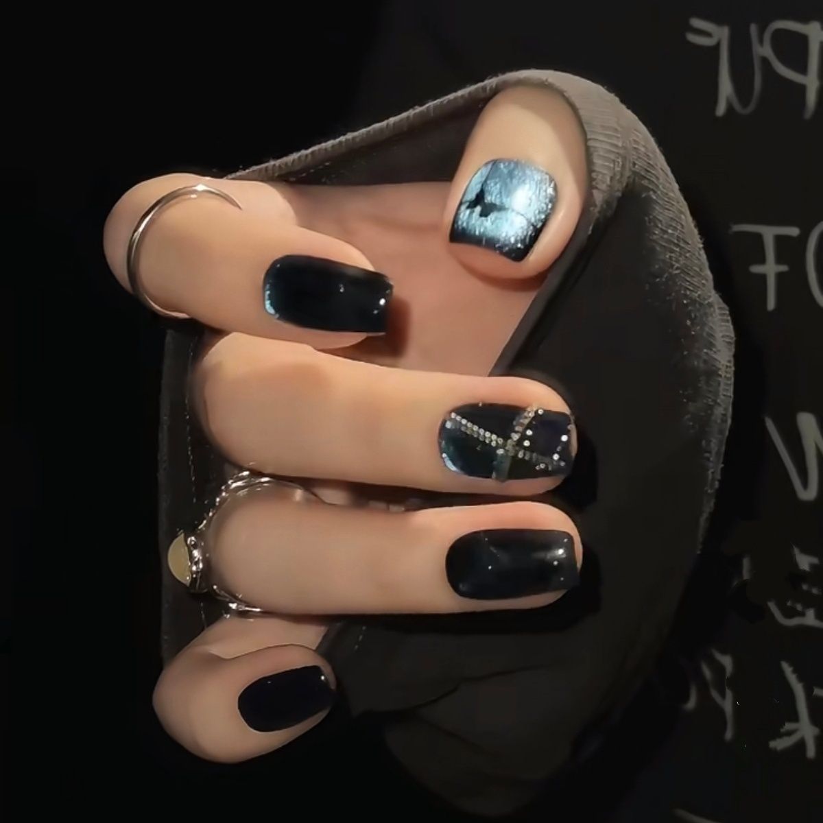Blue Nails - Black Butterfly Sweet & Cool Vibes | Summer Gradient Aesthetic | Spring White-Nails Handmade Press-On Nails