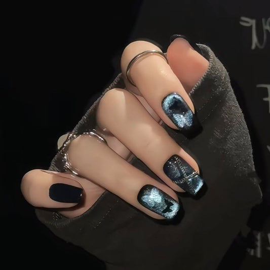Blue Nails - Black Butterfly Sweet & Cool Vibes | Summer Gradient Aesthetic | Spring White-Nails Handmade Press-On Nails